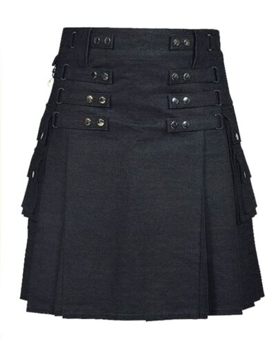 Black Denim Cargo Pockets Kilt