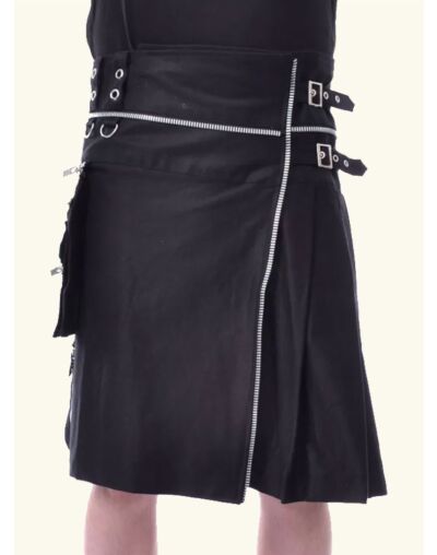 Black Gothic Zipper Utility Kilt For Active Men