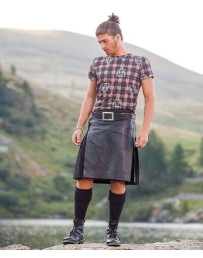 Men Black Leather Kilt