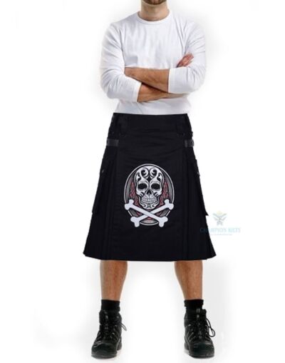Black Printed Cotton Modern Utility Kilt