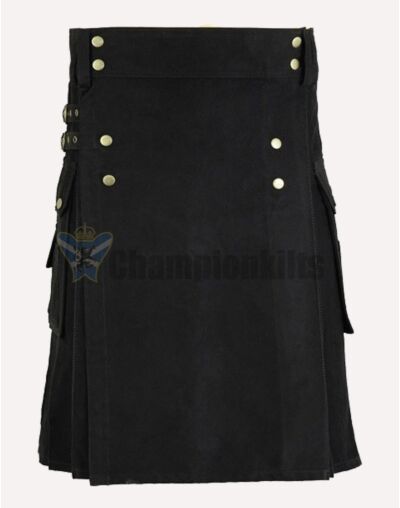 Black Cotton Utility Kilt For Men