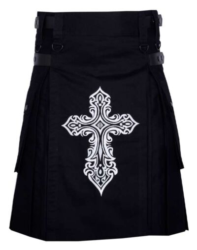 Celtic Sword Embroidery Pattern Black Utility Kilt