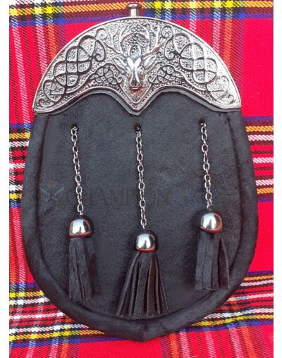 Stag Head Cantle Black Calfskin Dress Sporran