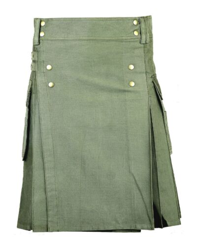 Men Olive Cotton Utility Kilt