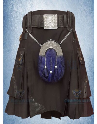 Modern Black Utility Kilt With Blue Dress Sporran For Men