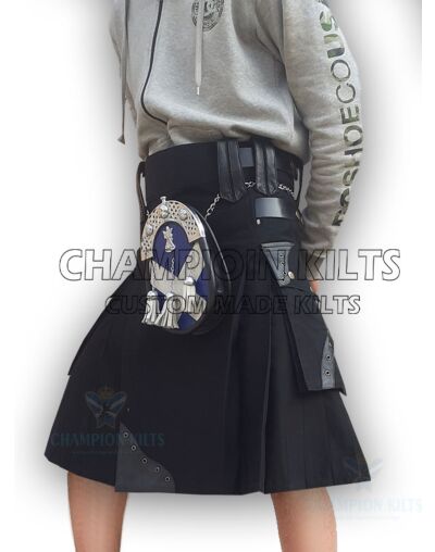 Box Pleated Black Utility Kilt With Saltire Dress Sporran
