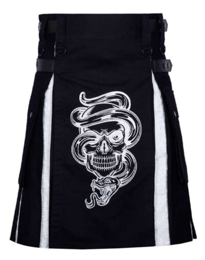 Skull Embroidery Black & White Hybrid Kilt