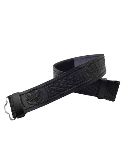 Thistle Embossed Black Leather Kilt Belt