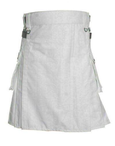 White Utility Kilt With Leather Strap